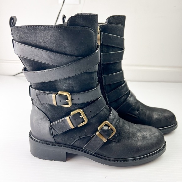 Azura Boots womens 6 Black Calmon Engineer Boot Buckles Micro Suede - Picture 3 of 11